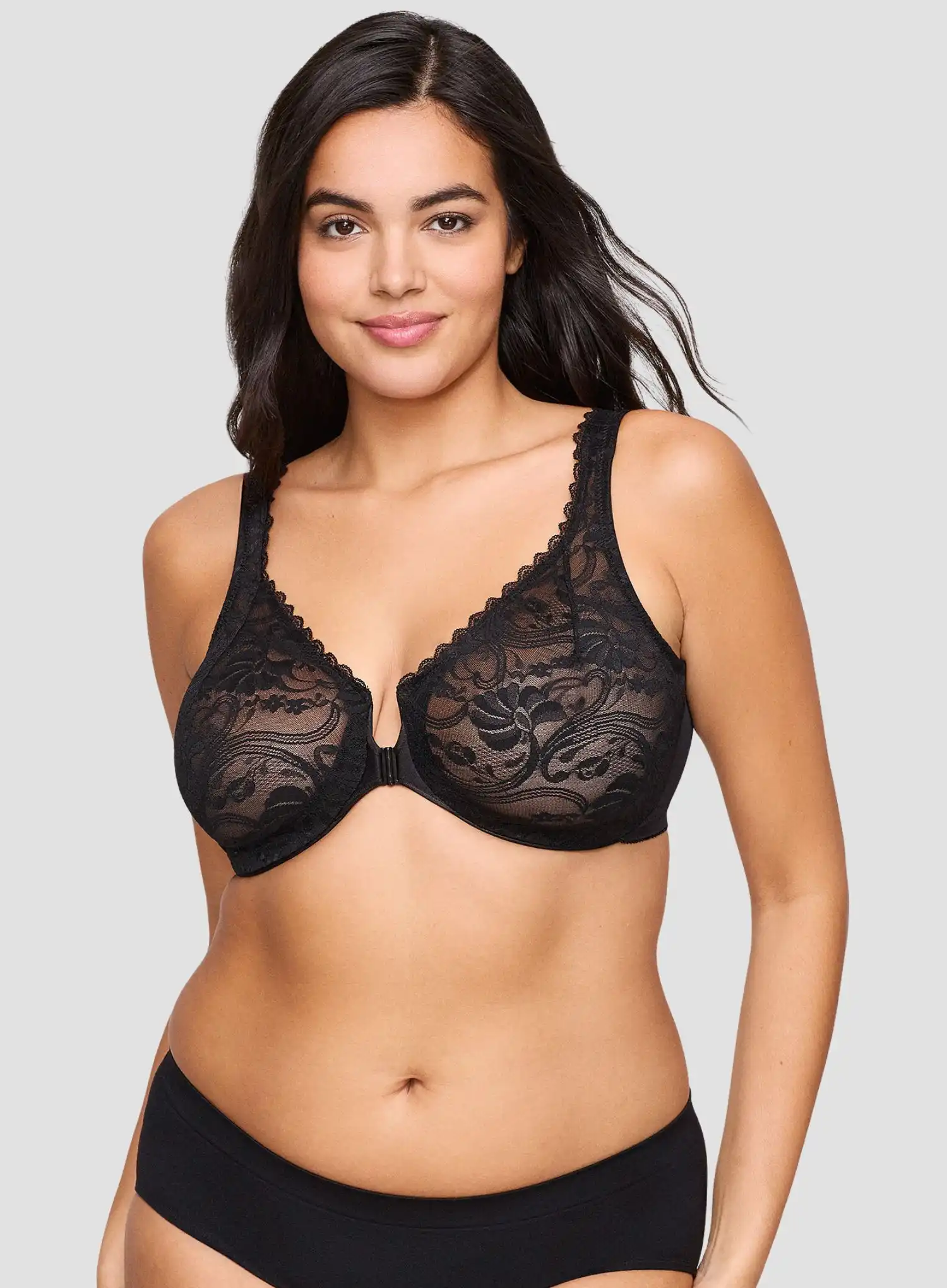 Glamorise: All Over Lace Front Opening Wonderwire Bra Black - Image 3