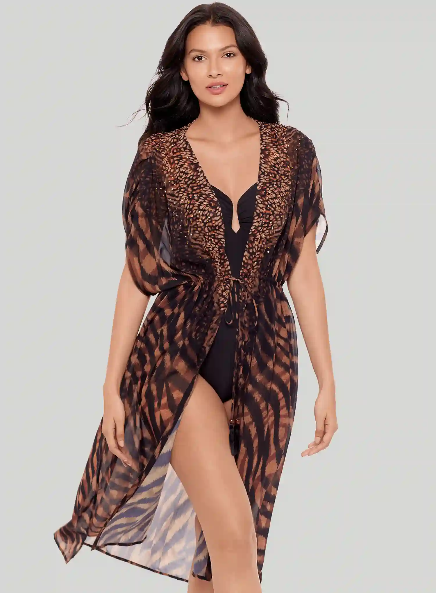 Miraclesuit Swimwear: Raya De Safari Beaded Kimono Black Brown - Image 2