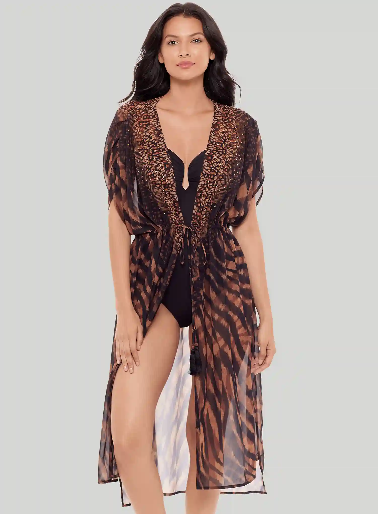 Miraclesuit Swimwear: Raya De Safari Beaded Kimono Black Brown - Image 3