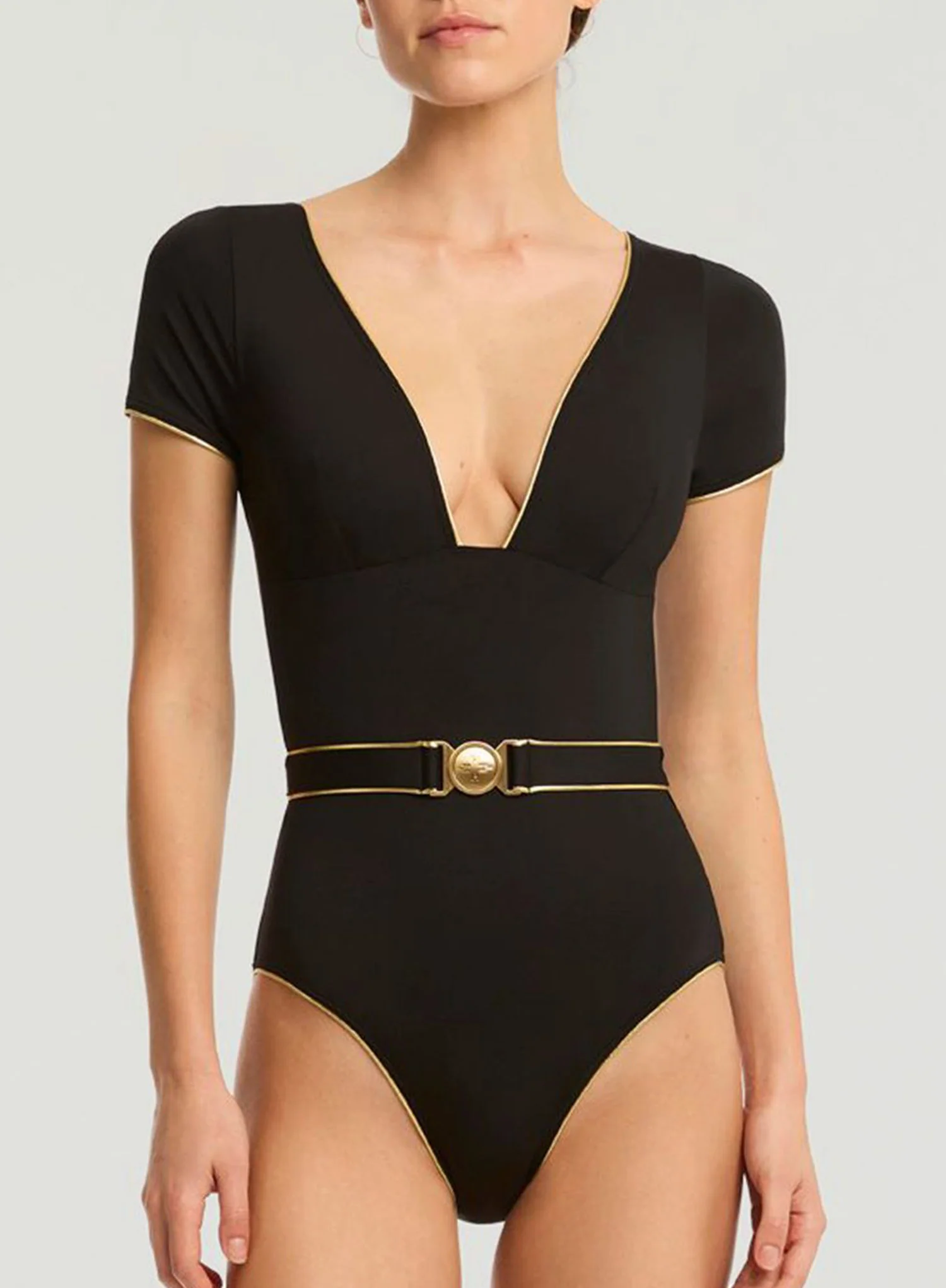 Sea Level: Piper Short Sleeve Plunge One Piece Black - Image 5
